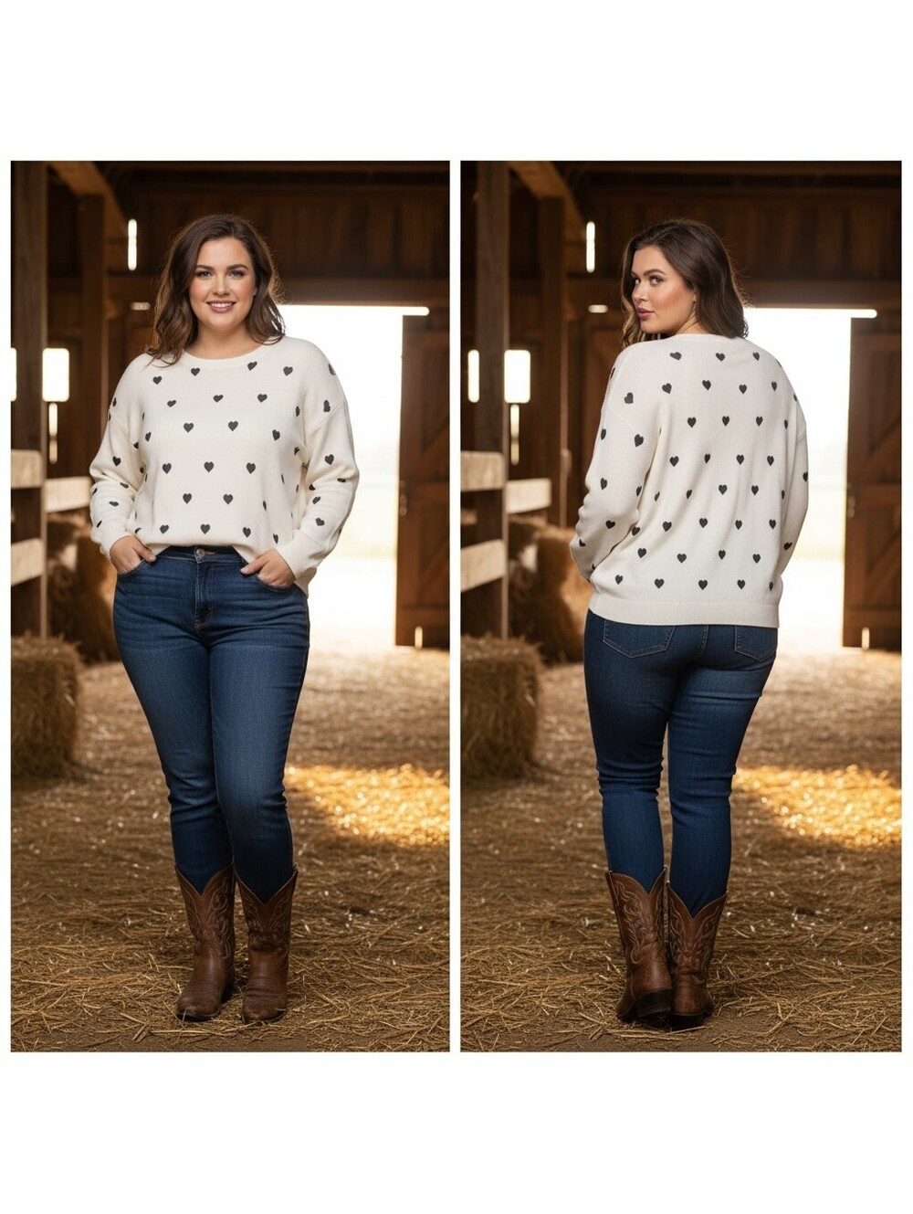 1865 - Chelsea & Theodore Woman Cream Sweater with Black Heart Pattern Size 2X